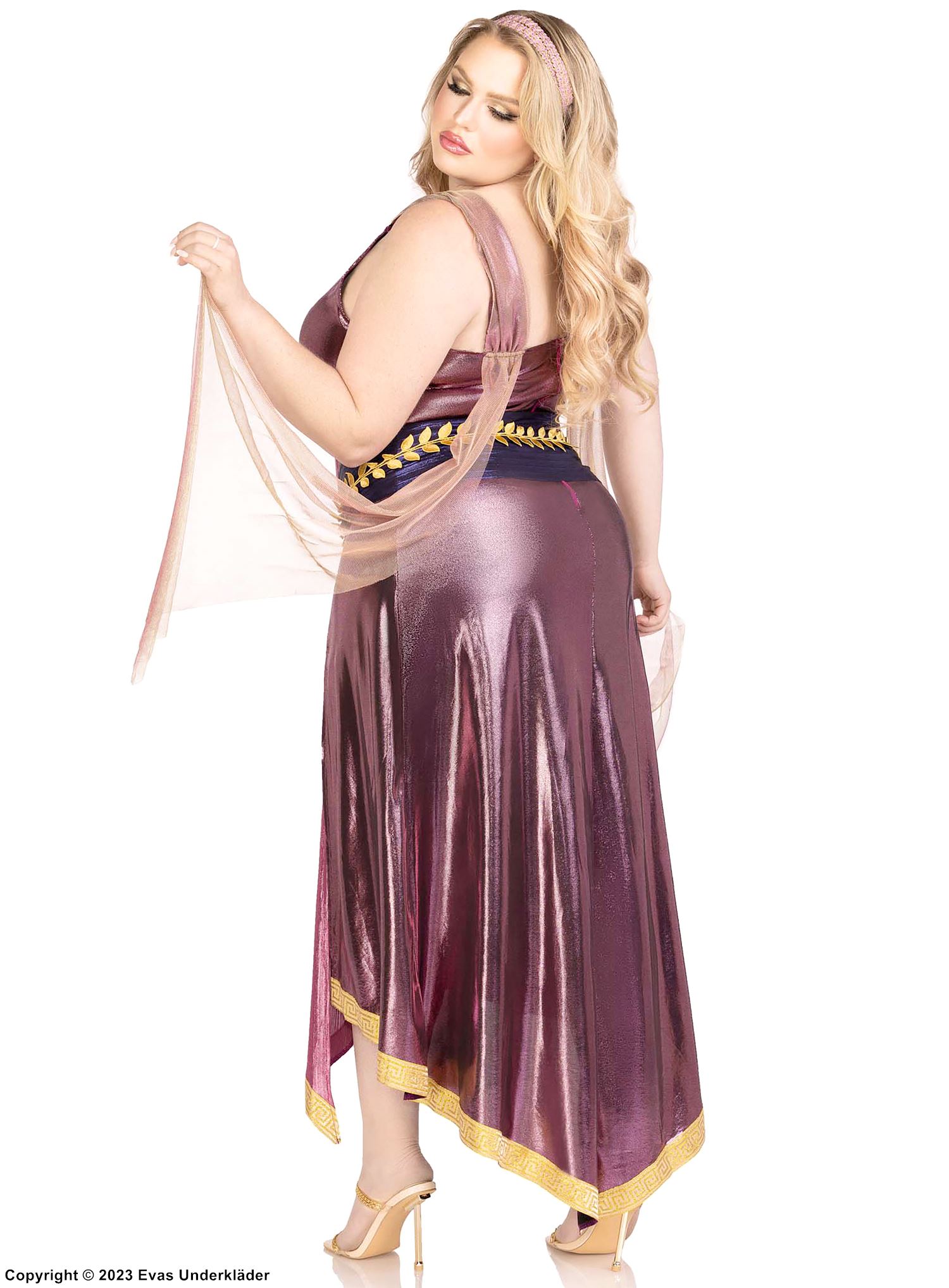 Goddess, costume dress, high slit, sash, plus size